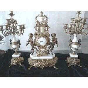 Vintage Brevettato Mantle Clock 2 Candelabras Set Brass White Victorian Classic